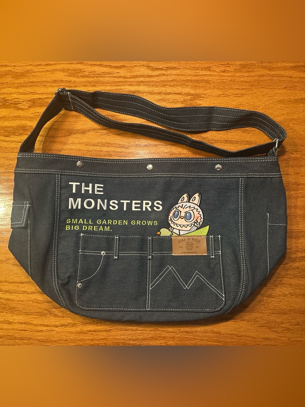 The Monsters Denim Tote Bag with Graphic Pocket - Black